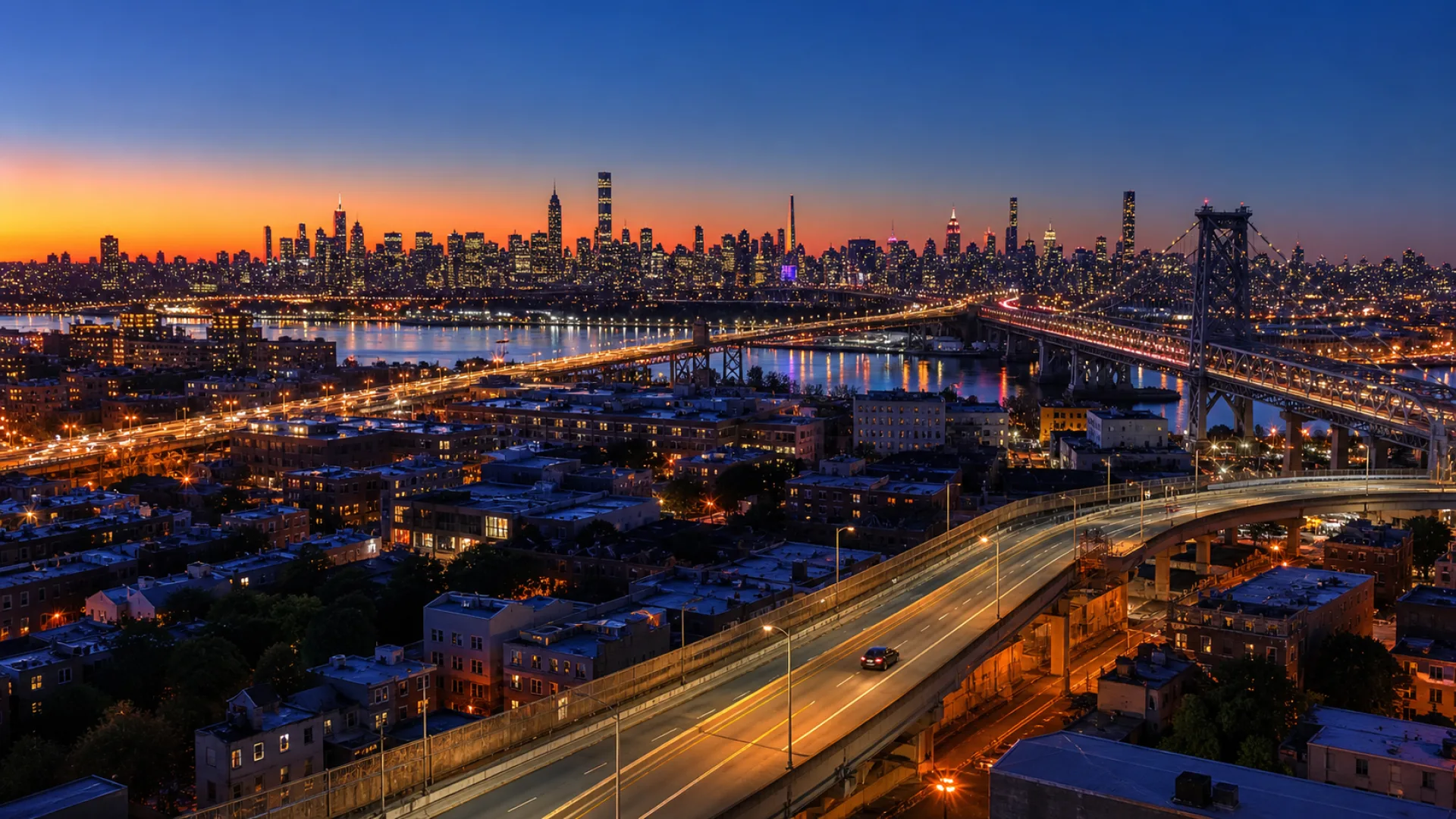 New York City skyline and roads for LaGuardia Airport service areas