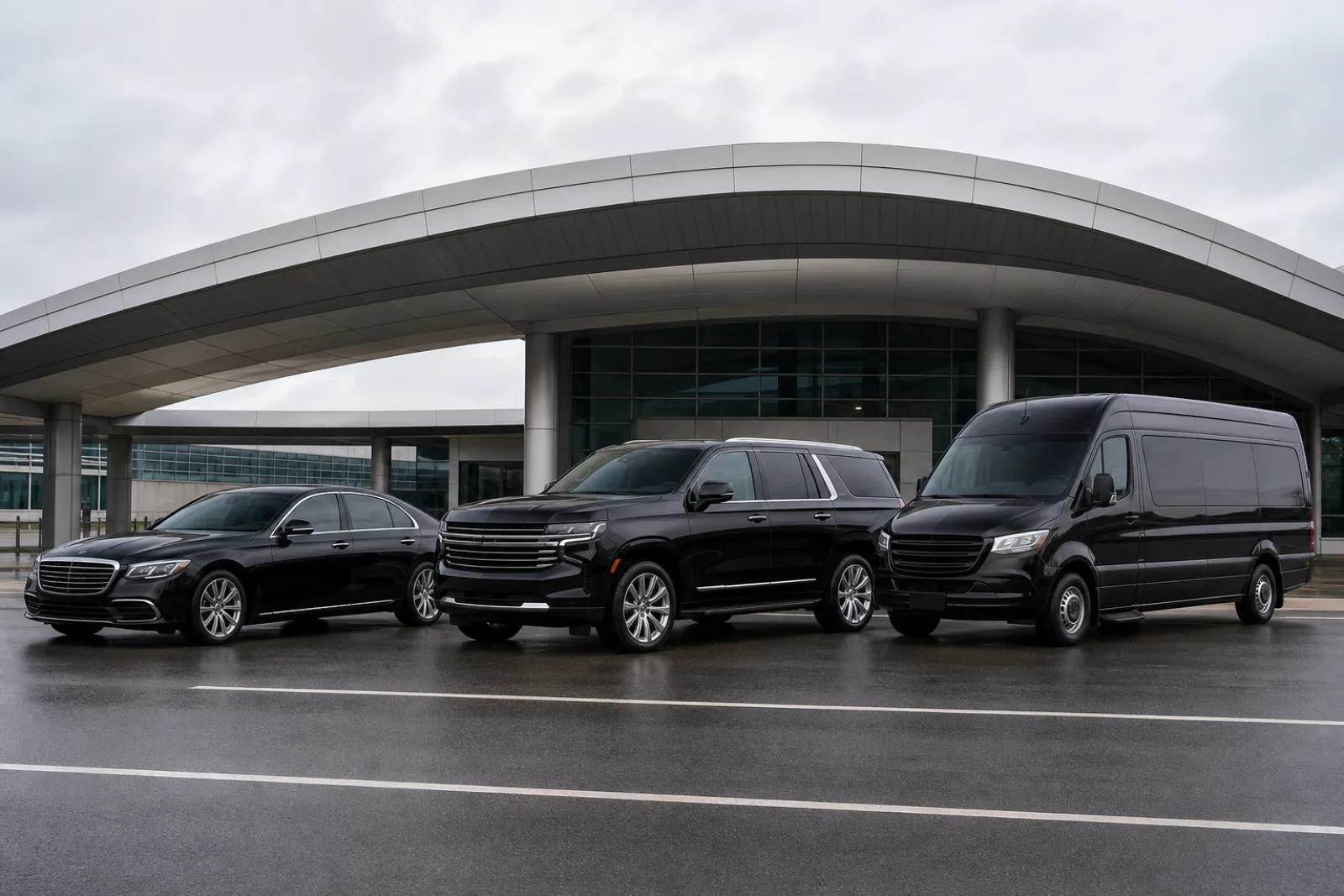 Black executive sedan, SUV and private passenger van